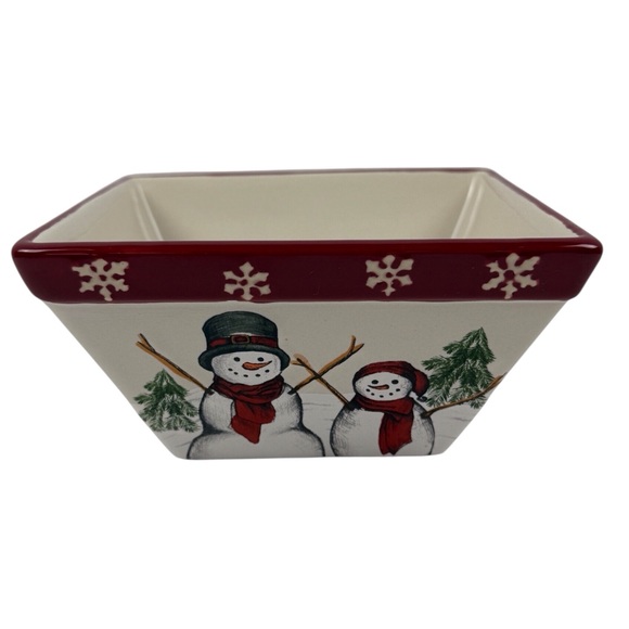 ST NICHOLAS Square “Yuletide” Snowman Square Ceramic Dish Red/Cream/Green EUC - Picture 1 of 7